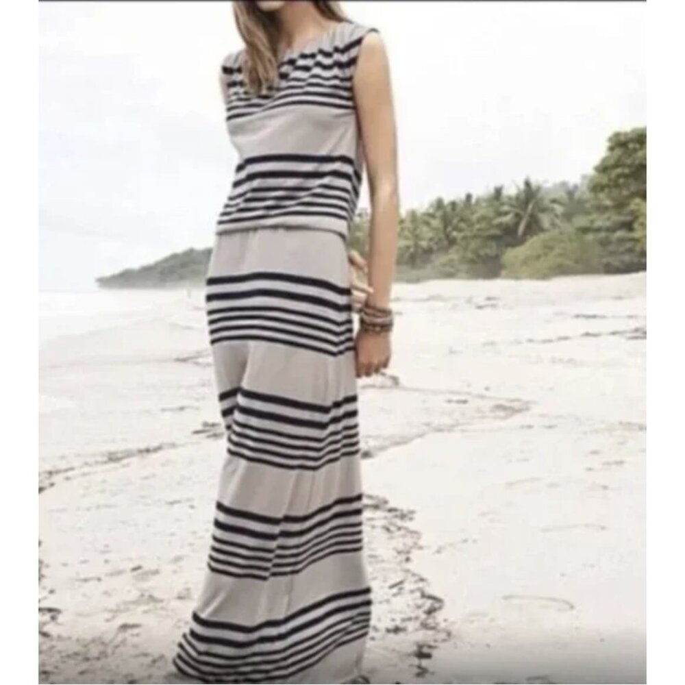 Garnet Hill Black and Gray Striped Sleeveless Maxi